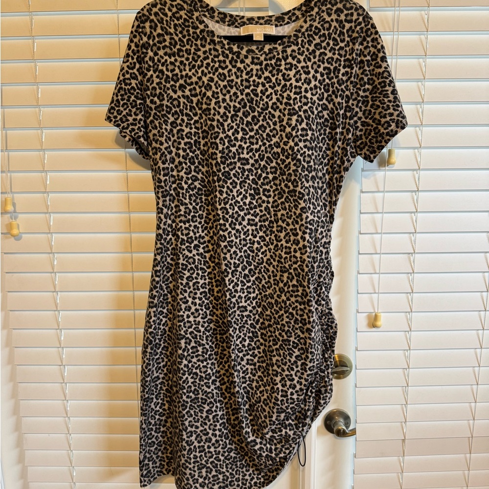 Michael Kors Leopard Print Ruched Side Short Sleeve Dress XL